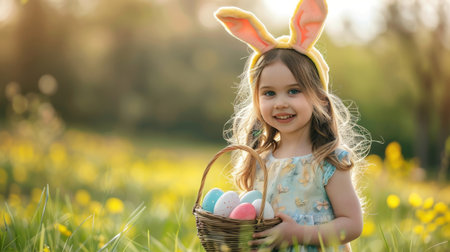 Festive Easter happy little girl smiling holding a basket with Easter eggs on a background of green meadow grassの素材