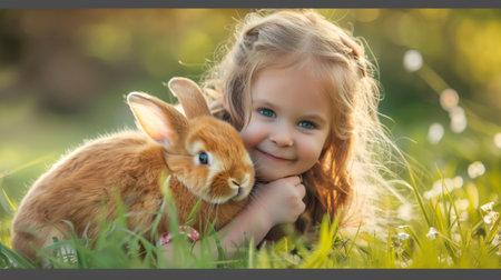 Festive Easter happy little girl smiling lies on green lawn grass and hugs and plays with rabbit. easter holiday backgroundの素材
