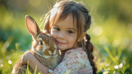 Festive Easter happy little girl smiling lies on green lawn grass and hugs and plays with rabbit. easter holiday backgroundの素材