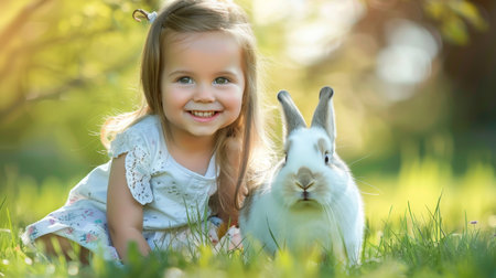 Festive Easter happy little girl smiling lies on green lawn grass and hugs and plays with rabbit. easter holiday backgroundの素材