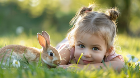 Festive Easter happy little girl smiling lies on green lawn grass and hugs and plays with rabbit. easter holiday backgroundの素材