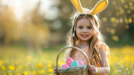 Festive Easter happy little girl smiling holding a basket with Easter eggs on a background of green meadow grassの素材