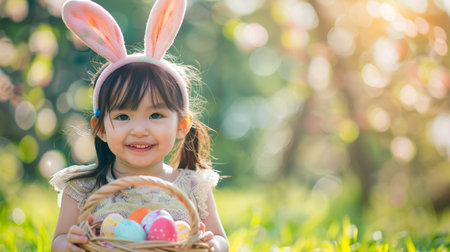 Festive Easter happy little girl smiling holding a basket with Easter eggs on a background of green meadow grassの素材