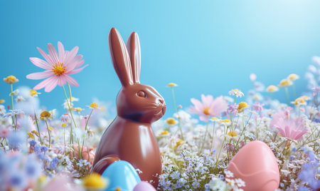 Festive Easter chocolate bunny. Sweet chocolate rabbit. easter holiday backgroundの素材