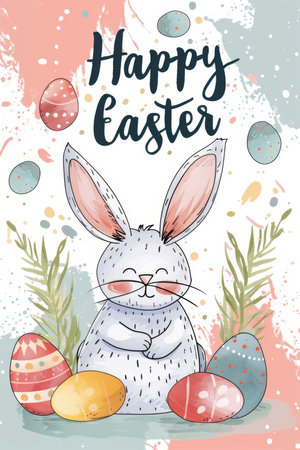 easter holiday background. Easter greeting card, pencil drawing and watercolor paintsの素材