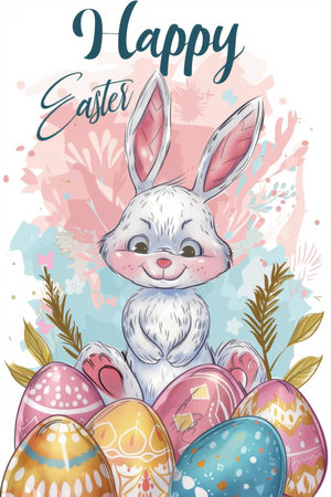 easter holiday background. Easter greeting card, pencil drawing and watercolor paintsの素材