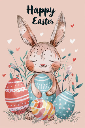 easter holiday background. Easter greeting card, pencil drawing and watercolor paintsの素材