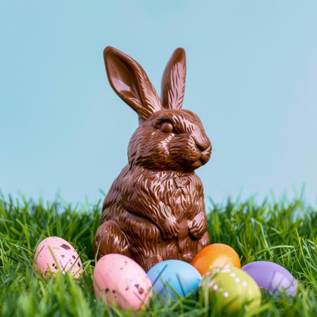 Festive Easter chocolate bunny. Sweet chocolate rabbit. easter holiday backgroundの素材