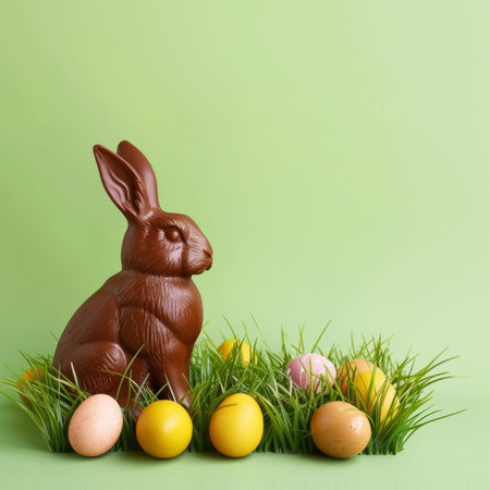 Festive Easter chocolate bunny. Sweet chocolate rabbit. easter holiday backgroundの素材