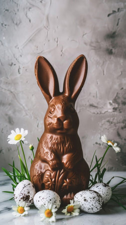 Festive Easter chocolate bunny. Sweet chocolate rabbit. easter holiday backgroundの素材