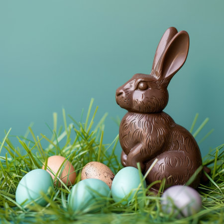 Festive Easter chocolate bunny. Sweet chocolate rabbit. easter holiday backgroundの素材