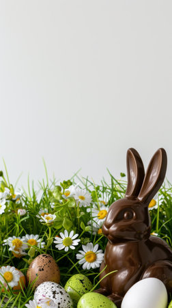 Festive Easter chocolate bunny. Sweet chocolate rabbit. easter holiday backgroundの素材