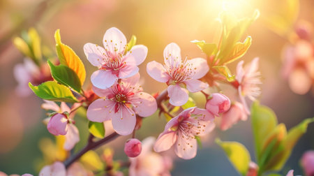 Spring design of blossoming fruit trees with beautiful branches of flowers. spring summer background with bright beautiful flowersの素材