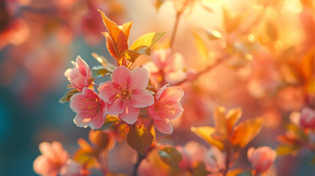 Spring design of blossoming fruit trees with beautiful branches of flowers. spring summer background with bright beautiful flowersの素材