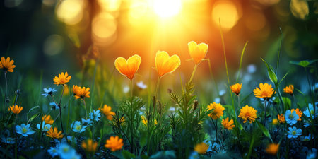 spring summer background with bright beautiful flowersの素材