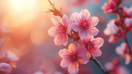 Spring design of blossoming fruit trees with beautiful branches of flowers. spring summer background with bright beautiful flowersの素材