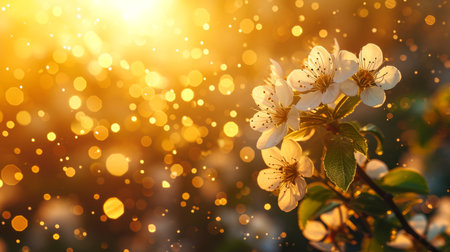 Spring design of blossoming fruit trees with beautiful branches of flowers. spring summer background with bright beautiful flowersの素材