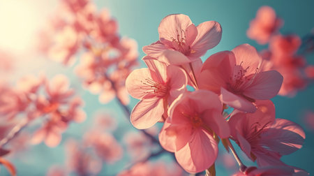 Spring design of blossoming fruit trees with beautiful branches of flowers. spring summer background with bright beautiful flowersの素材