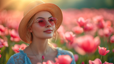 beautiful girl in a straw hat and sunglasses on a background of blooming spring summer flowersの素材