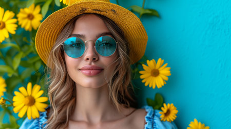 beautiful girl in a straw hat and sunglasses on a background of blooming spring summer flowersの素材