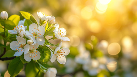 Spring design of blossoming fruit trees with beautiful branches of flowers. spring summer background with bright beautiful flowersの素材