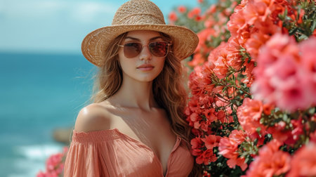 beautiful girl in a straw hat and sunglasses on a background of blooming spring summer flowersの素材