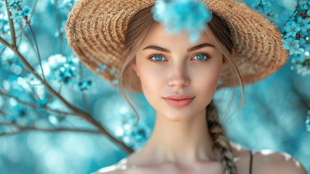 beautiful girl in a straw hat and sunglasses on a background of blooming spring summer flowersの素材