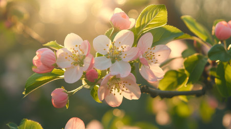 Spring design of blossoming fruit trees with beautiful branches of flowers. spring summer background with bright beautiful flowersの素材