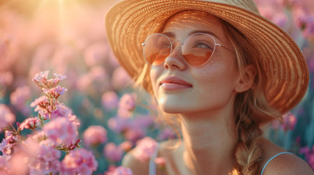 beautiful girl in a straw hat and sunglasses on a background of blooming spring summer flowersの素材
