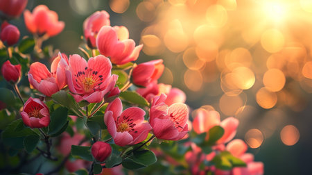 Spring design of blossoming fruit trees with beautiful branches of flowers. spring summer background with bright beautiful flowersの素材