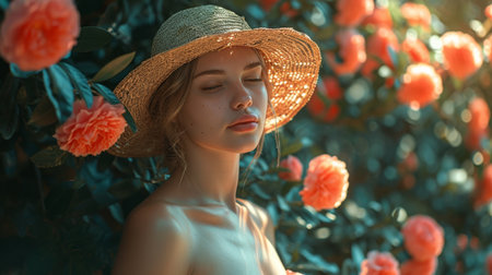beautiful girl in a straw hat and sunglasses on a background of blooming spring summer flowersの素材
