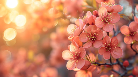 Spring design of blossoming fruit trees with beautiful branches of flowers. spring summer background with bright beautiful flowersの素材