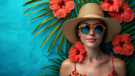beautiful girl in a straw hat and sunglasses on a background of blooming spring summer flowersの素材