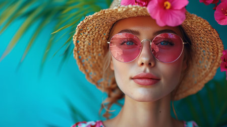 beautiful girl in a straw hat and sunglasses on a background of blooming spring summer flowersの素材