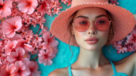 beautiful girl in a straw hat and sunglasses on a background of blooming spring summer flowersの素材