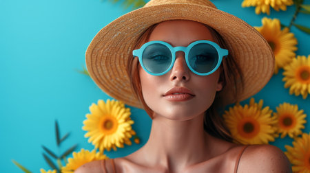 beautiful girl in a straw hat and sunglasses on a background of blooming spring summer flowersの素材
