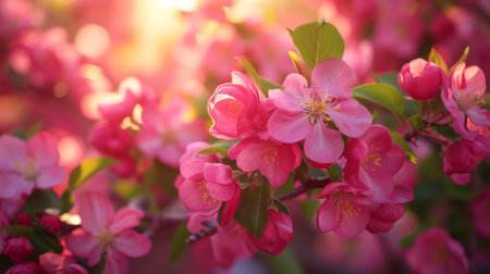 Spring design of blossoming fruit trees with beautiful branches of flowers. spring summer background with bright beautiful flowersの素材