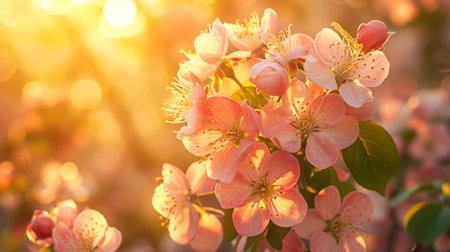 Spring design of blossoming fruit trees with beautiful branches of flowers. spring summer background with bright beautiful flowersの素材