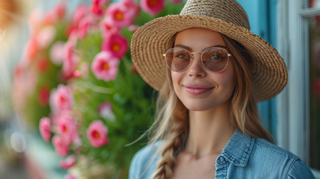beautiful girl in a straw hat and sunglasses on a background of blooming spring summer flowersの素材