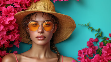beautiful girl in a straw hat and sunglasses on a background of blooming spring summer flowersの素材