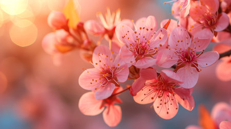 Spring design of blossoming fruit trees with beautiful branches of flowers. spring summer background with bright beautiful flowersの素材