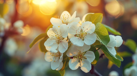 Spring design of blossoming fruit trees with beautiful branches of flowers. spring summer background with bright beautiful flowersの素材