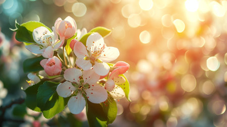 Spring design of blossoming fruit trees with beautiful branches of flowers. spring summer background with bright beautiful flowersの素材