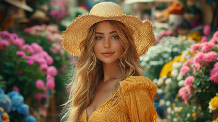 beautiful girl in a straw hat and sunglasses on a background of blooming spring summer flowersの素材