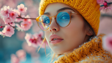 beautiful girl in a straw hat and sunglasses on a background of blooming spring summer flowersの素材
