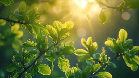 Spring design of blossoming fruit trees with beautiful branches of flowers. spring summer background with bright beautiful flowersの素材