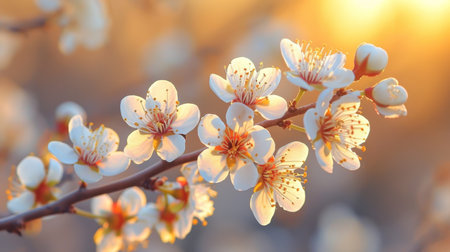 Spring design of blossoming fruit trees with beautiful branches of flowers. spring summer background with bright beautiful flowersの素材