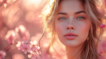 beautiful girl in a straw hat and sunglasses on a background of blooming spring summer flowersの素材