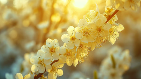 Spring design of blossoming fruit trees with beautiful branches of flowers. spring summer background with bright beautiful flowersの素材