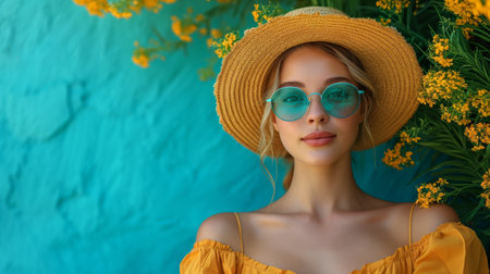 beautiful girl in a straw hat and sunglasses on a background of blooming spring summer flowersの素材